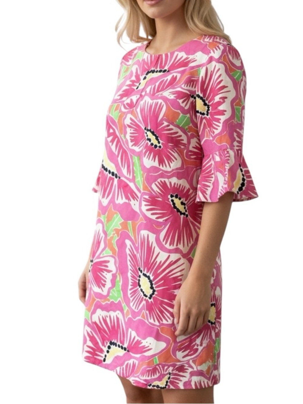 Lilly Pulitzer Dasha Shift Dress Silk Oxford Pink Floral Bell Sleeve Size 0 $298